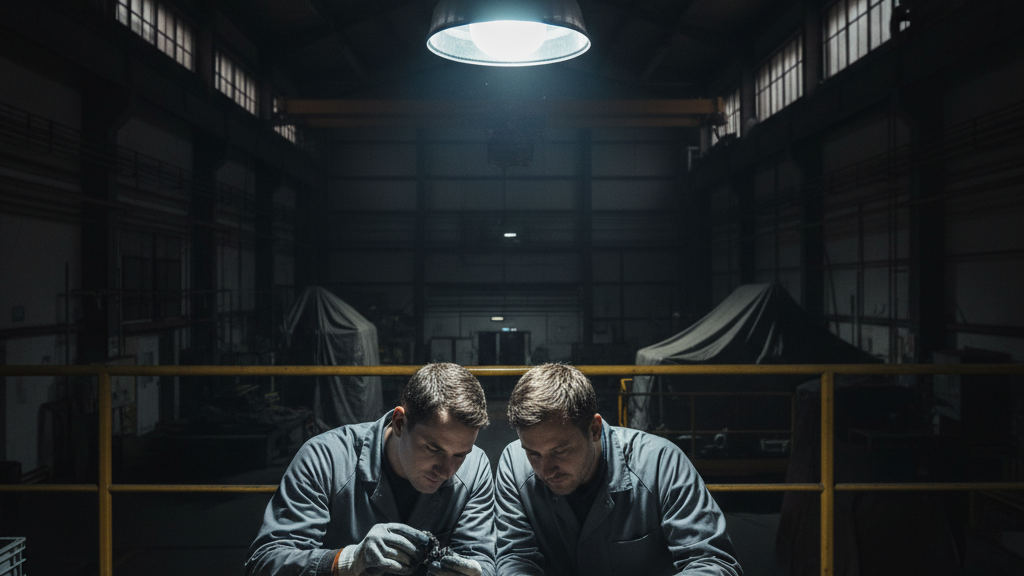 Two scientists in coats analyze metal samples on a workbench to manually perform research and R&D automation tasks