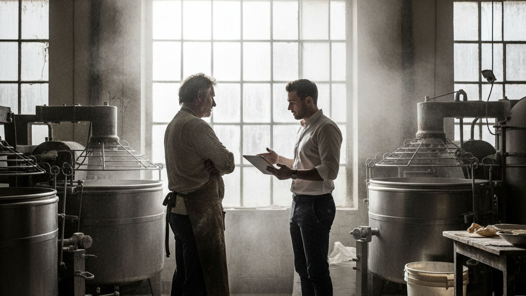 A baker in dusty overalls looks skeptically at a consultant gesturing to a panel for business process automation