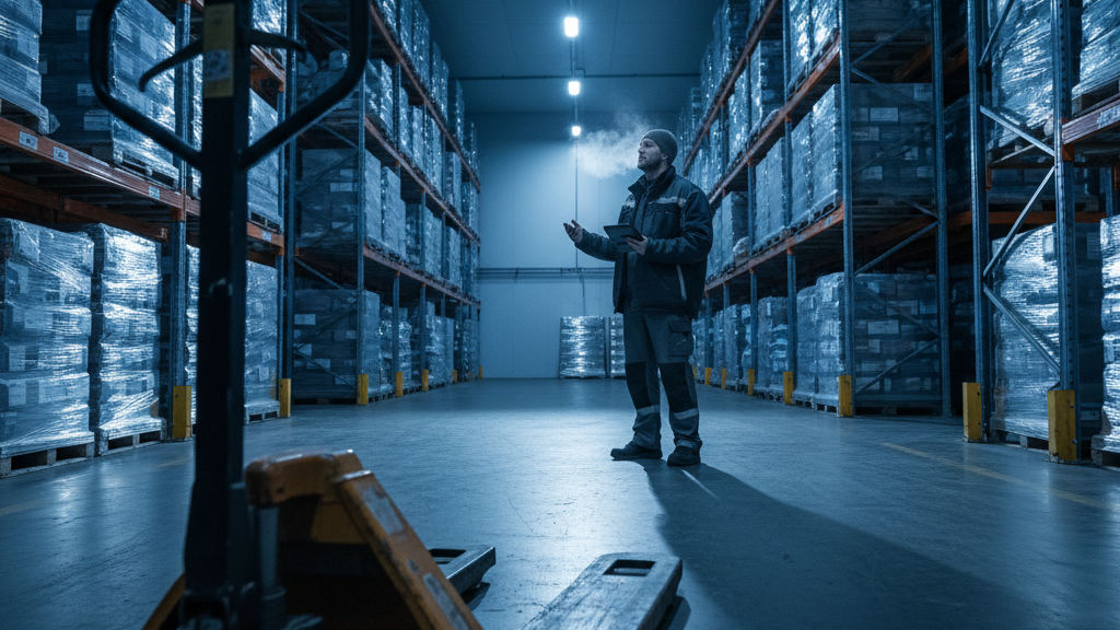 Logistics officer in a cold warehouse examining tall pallets to achieve logistics cost reduction