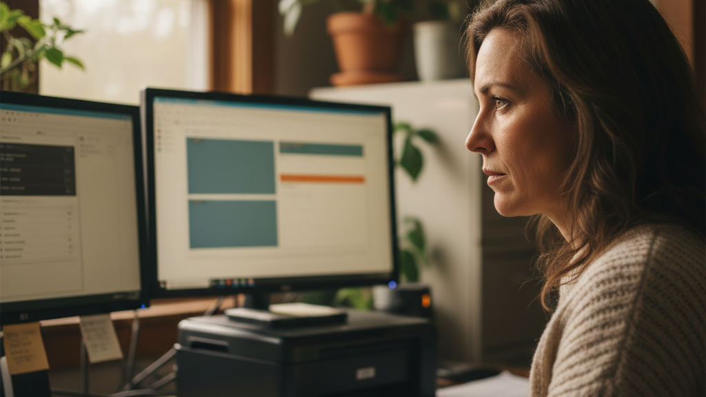 Persona en oficina moderna revisando flujos de trabajo digitales y validando datos operativos en una pantalla de alta resolución.