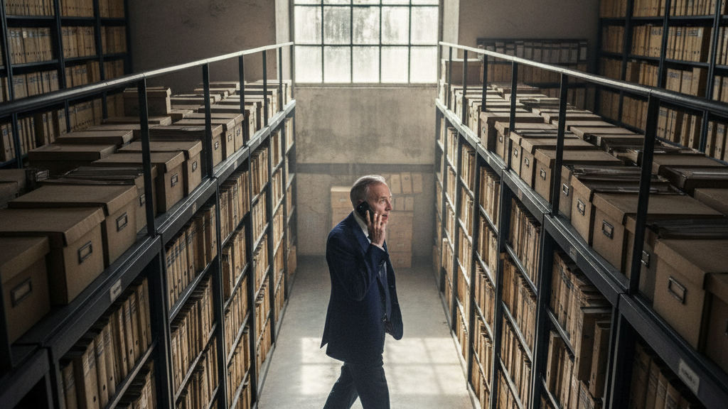 A skeptical lawyer on his phone walks past rows of physical archives, highlighting manual data entry costs