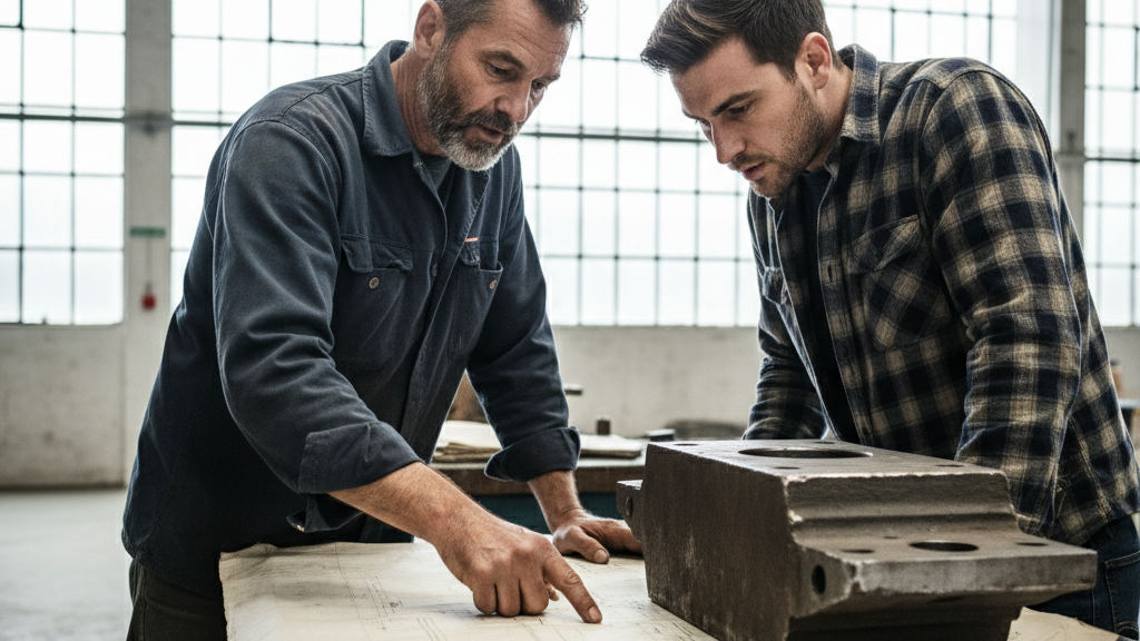 A lead and technician compare a 3D-printed part to blueprints for industrial AI optimization in a showroom