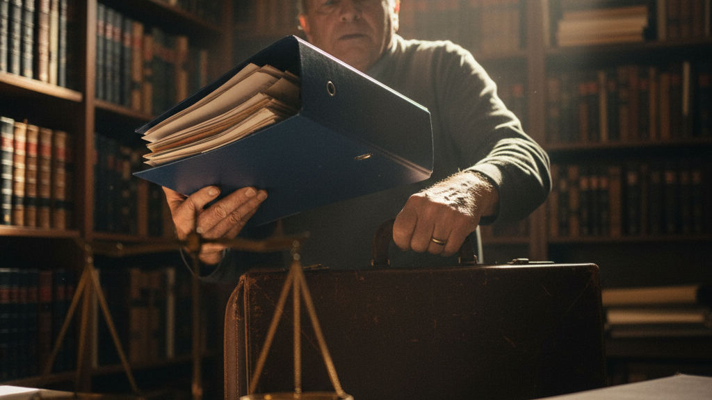 An attorney closes a legal binder and grabs a briefcase, showing legal tech automation through swift motion