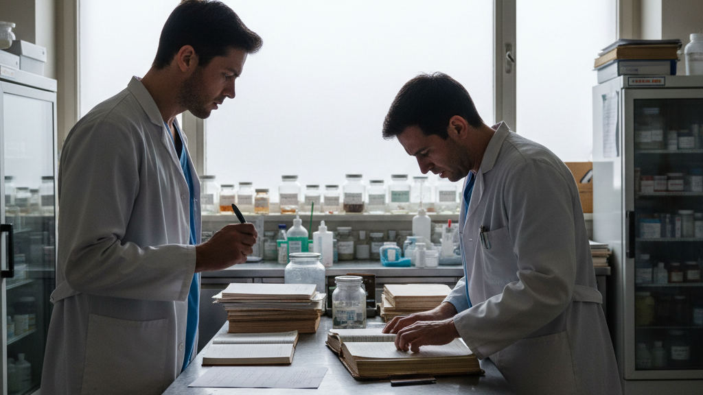 Research coordinators compare patient binders and vials in a hospital to optimize manual data entry workflow