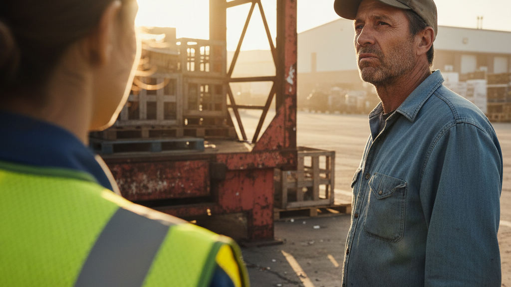 Senior foreman skeptically listens to a young coordinator in a sunlit yard during an automatización de procesos
