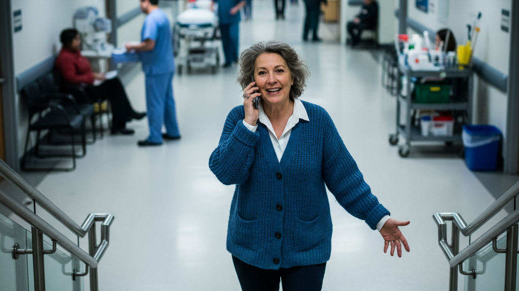 A smiling senior administrator talks on her phone in a busy corridor, showing the efficiency of an AI employee workflow