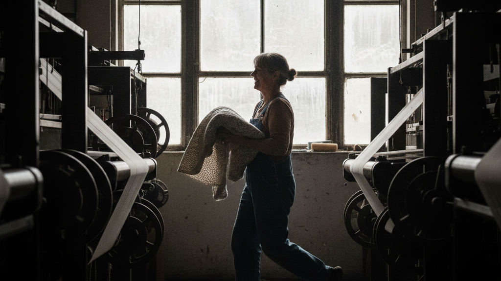 A supervisor inspects production quality in a textile facility while reviewing real-time data on a mobile tablet.