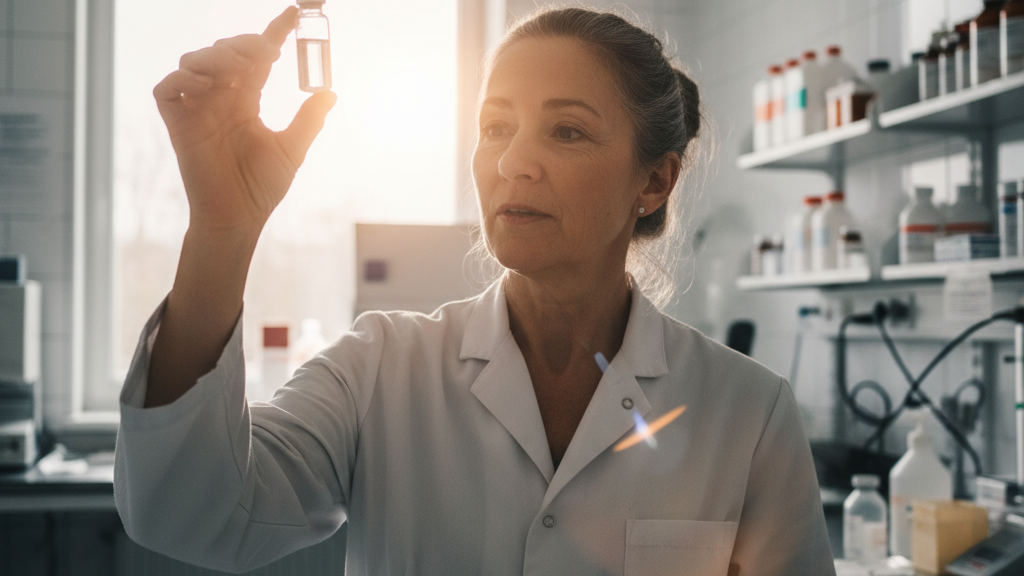 A scientist in a white coat reviews digital data on a tablet next to automated liquid handling equipment.