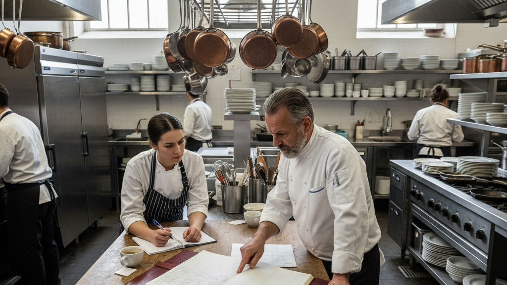A head chef points at a paper to verify the ROI employé IA with a cook at a kitchen station