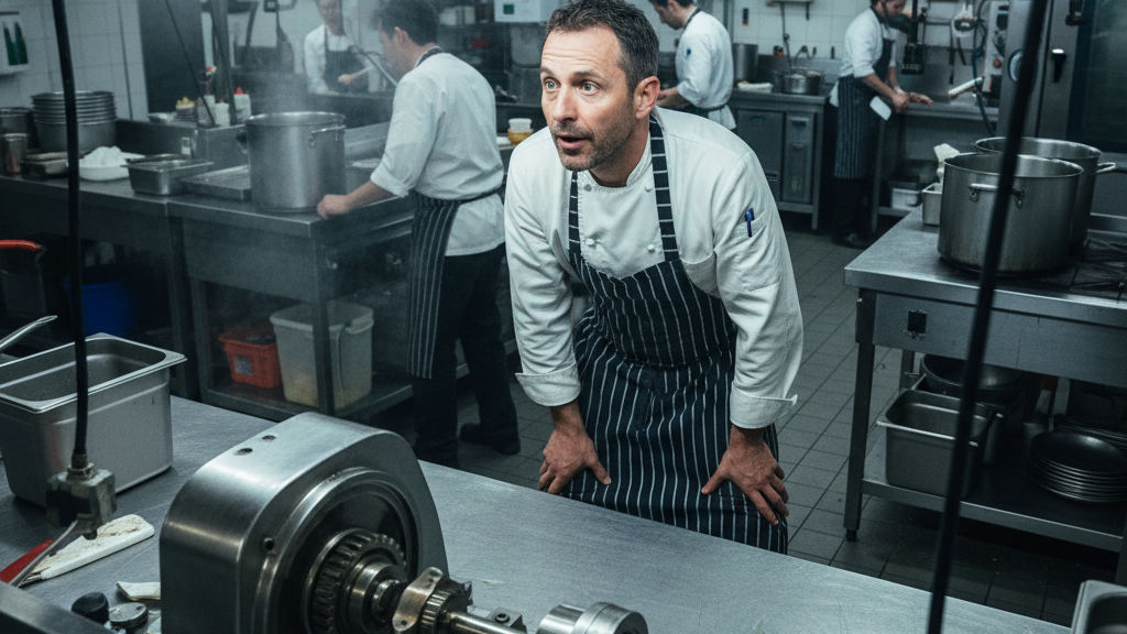 Chef examines an automated sauce dispenser to evaluate the coût automatisation processus métier impact