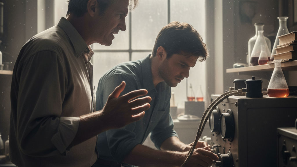 Senior technician watches a colleague manually calibrate a legacy system centrifuge in a dim laboratory