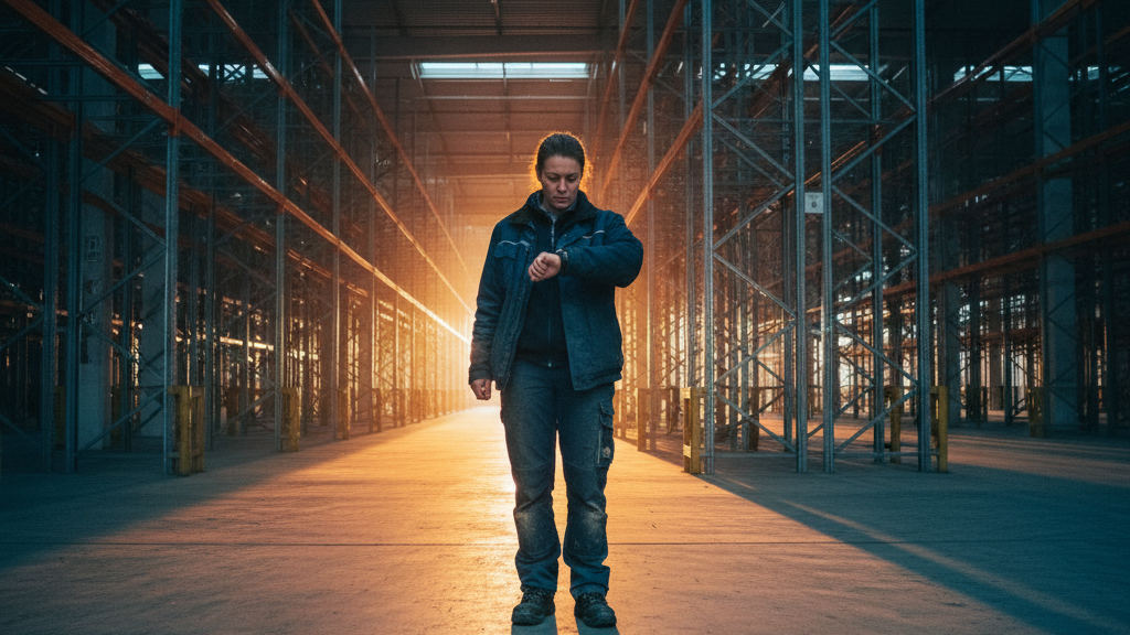 Supervisor in a hi-vis vest checks her watch in a dark warehouse, illustrating an operational automation delay