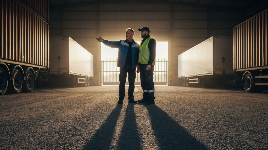 A manager explains an AI strategy for mid-market logistics while pointing past rows of massive trailers