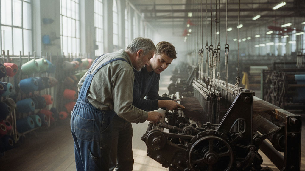 A master weaver and technician inspect a loom, acting as an AI automation partner analyzing complex machinery
