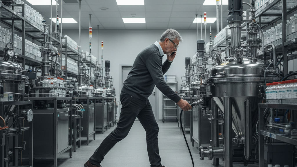 Lab manager in a knit sweater talks on a phone while reaching to activate a manual AI agent kill switch on a centrifuge