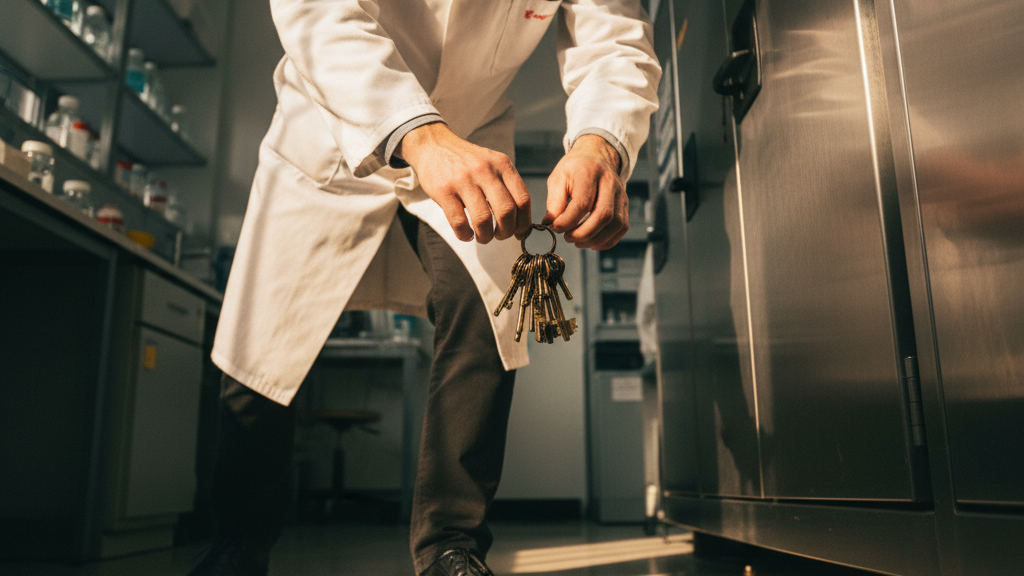 Clinical researcher's hands fumbling with keys to secure a cabinet as a manual form of data access controls