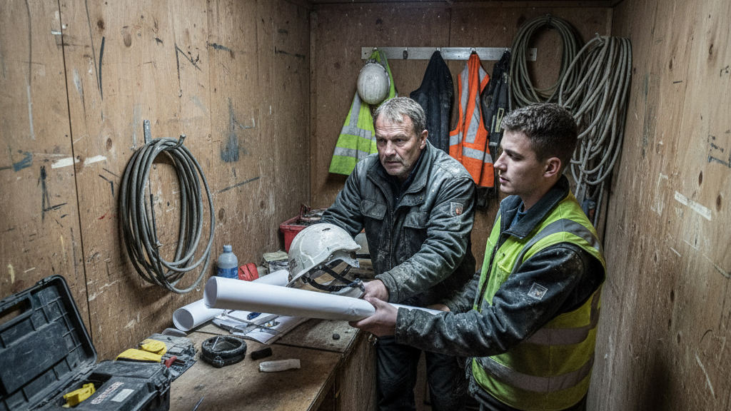 Senior foreman hands keys to an engineer in a site office, representing AI agent integration with legacy systems
