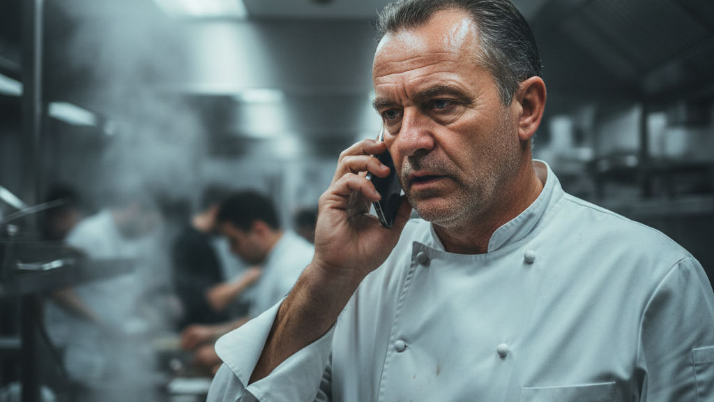 A senior chef in a stained tunic manages a busy commercial kitchen while focusing intently on a mobile phone call