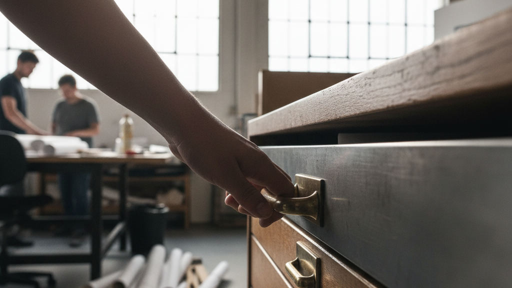 Close-up of a senior architect's hands locking a brass padlock on a drawer to ensure data leak prevention