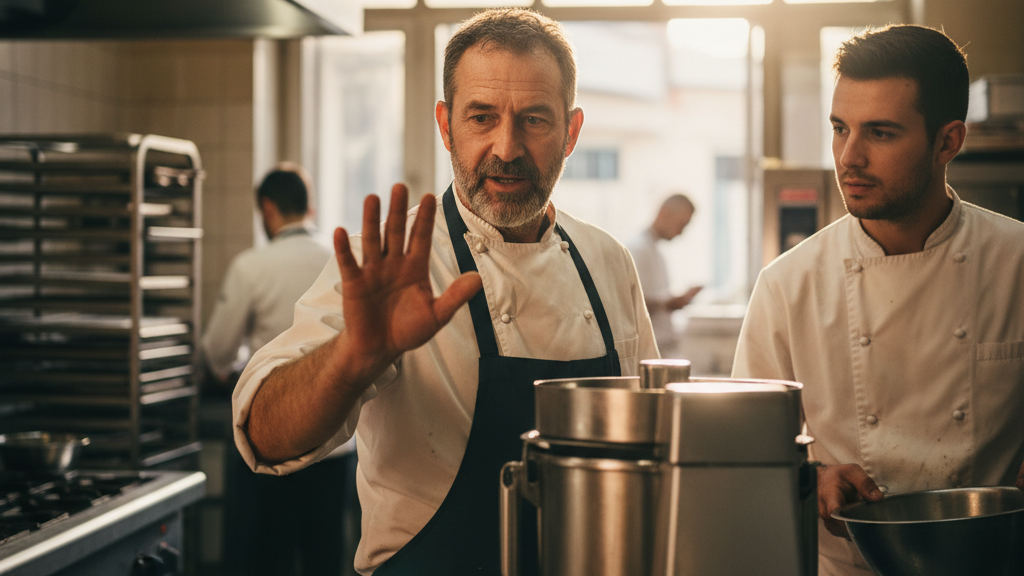 A senior chef acts as an AI supervisor agent while gesturing toward equipment in a bright industrial kitchen
