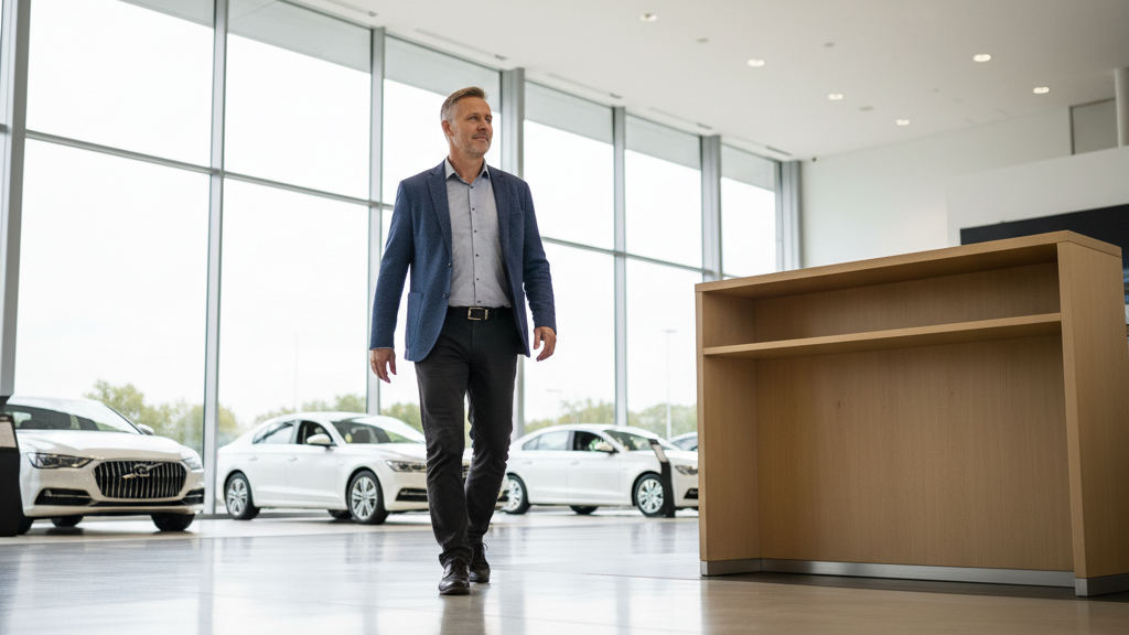 An automotive service manager pauses in a sunlit showroom, looking at an empty desk to manage AI agents workflow