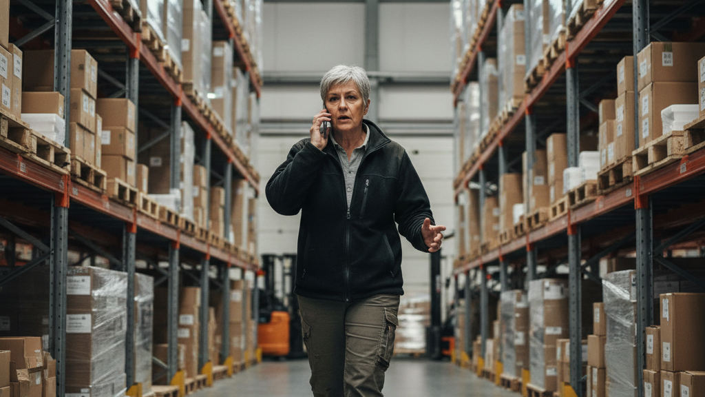 Focused manager in a grey sweater talks on her phone while walking through a large warehouse with logistics AI tech