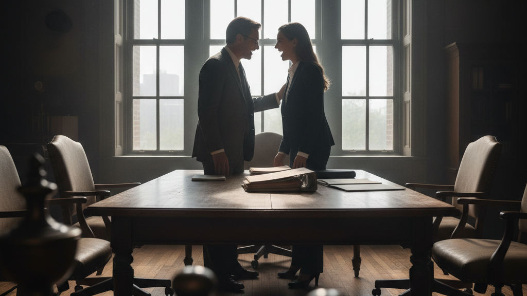 Two legal professionals look at a folder behind brass scales, acting as a focused AI legal assistant