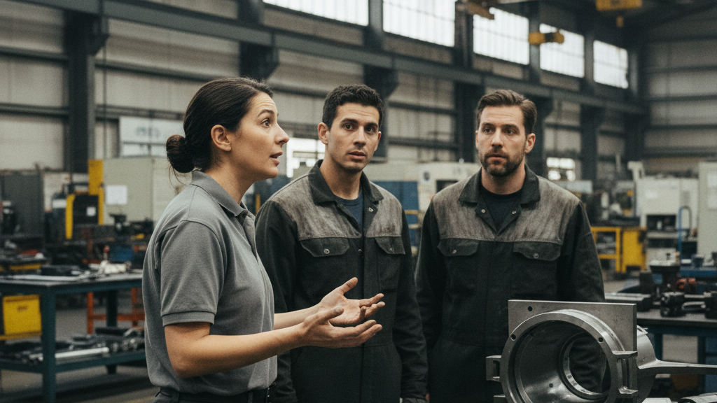 Supervisor in an aerospace workshop talks with wonder to colleagues about a custom AI employee for manufacturing