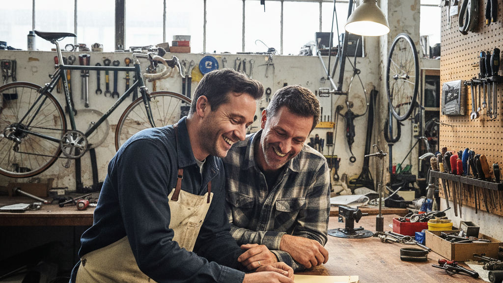 Mechanic and shop owner laugh at a tidy maintenance log while ignoring messy notes during automatización de procesos
