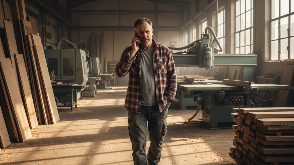 Plant manager in a sunny workshop talks on his phone while skeptically viewing a new automation of processes arm