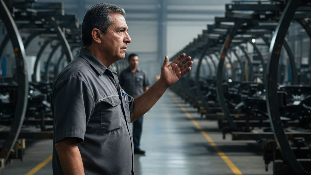 Workshop manager in a grease-stained uniform points while discussing process automation in an assembly plant