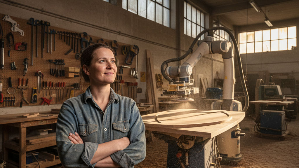 Carpentry expert watches a robotic arm sand a table during the implementation of AI agents for business efficiency