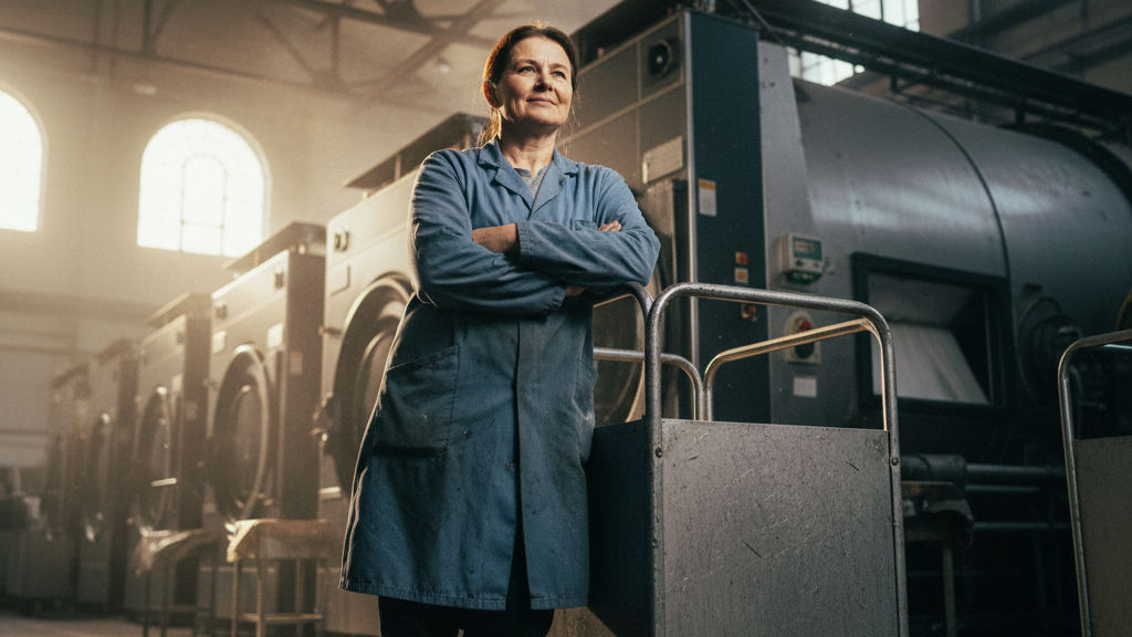 Supervisor in blue leaning on a laundry cart watching industrial machinery to check the ROI automatización