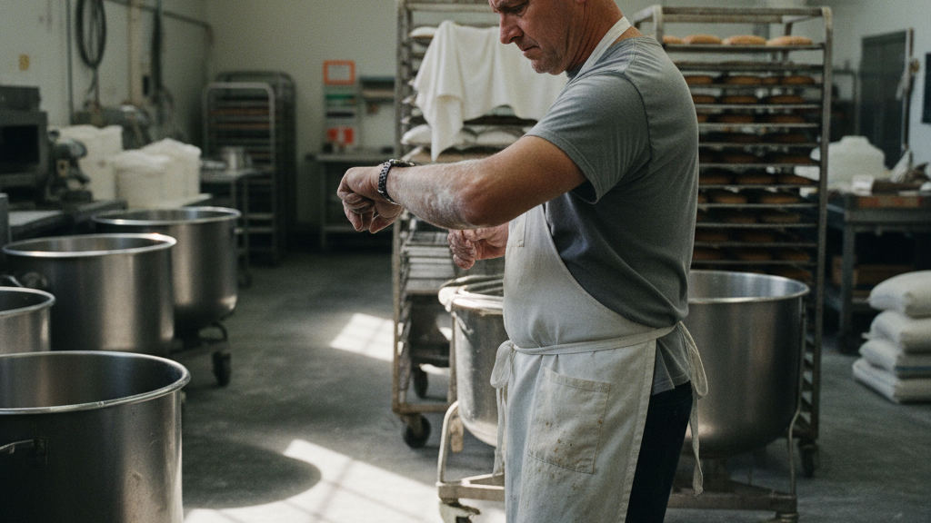 A bakery manager looks at his watch by a manual mixer, illustrating how the automatisation processus métiers prix is felt