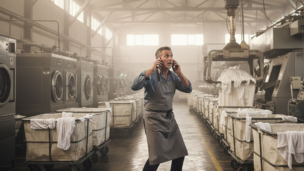 A facility manager reviews digital workflow data on a tablet while standing near automated industrial equipment in a bright warehouse.
