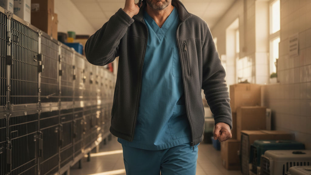 Clinic director in green scrubs frowns at empty cages while questioning the high prix automatisation processus
