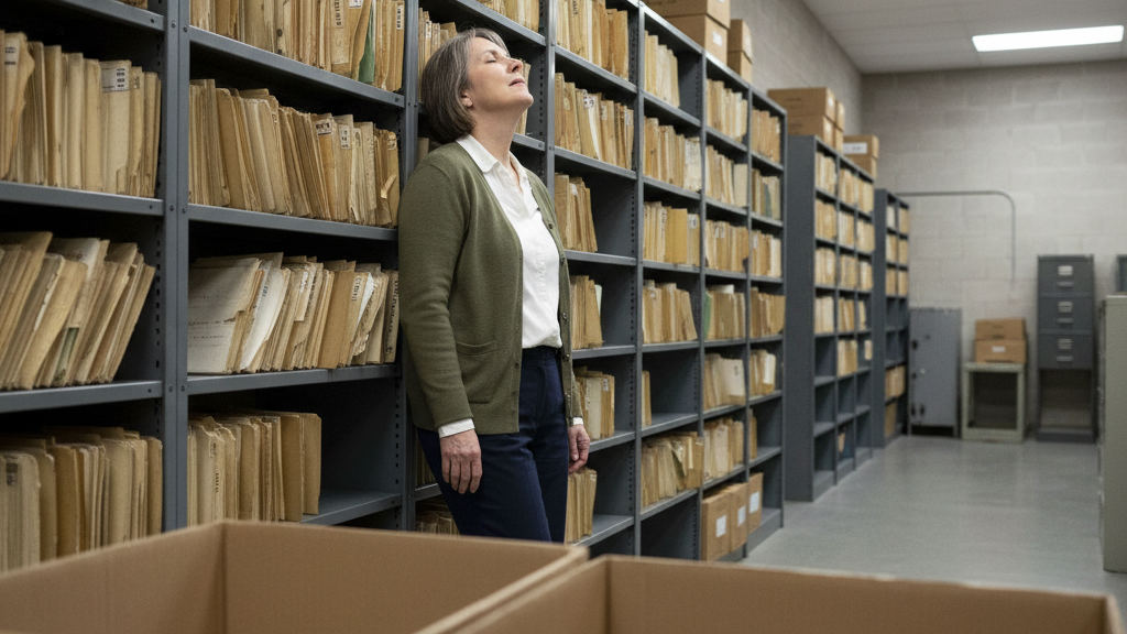 A clerk in a navy cardigan leans against archive shelves smiling with relief at the prix automatisation processus