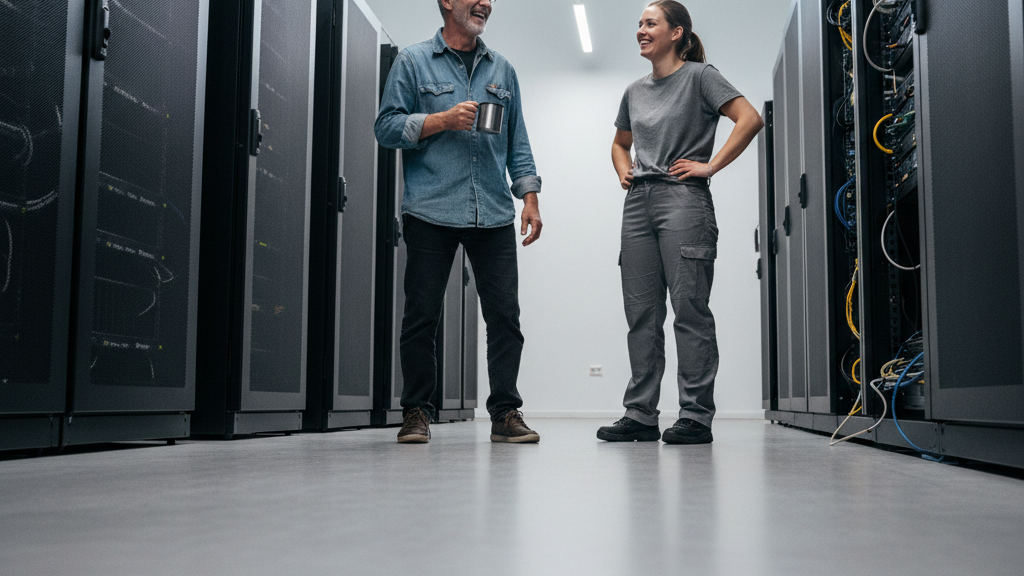 Two technicians laugh sharing coffee in a data center aisle, illustrating a break from process automation tasks