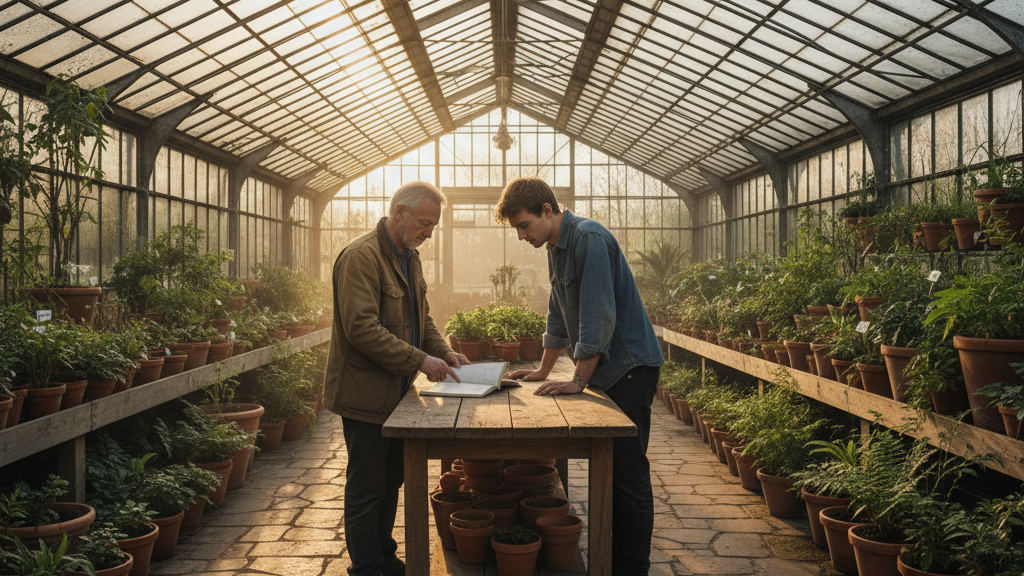A director guides an apprentice tagging seedlings in a nursery to optimize their process automation workflow