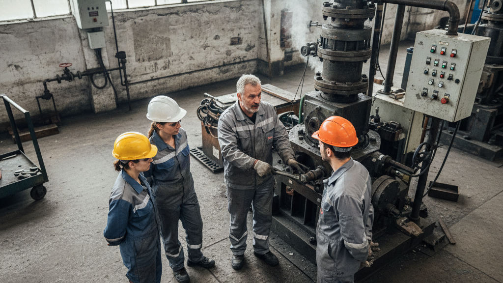 Maintenance lead with a wrench explains an automated folding unit to technicians for process automation ROI