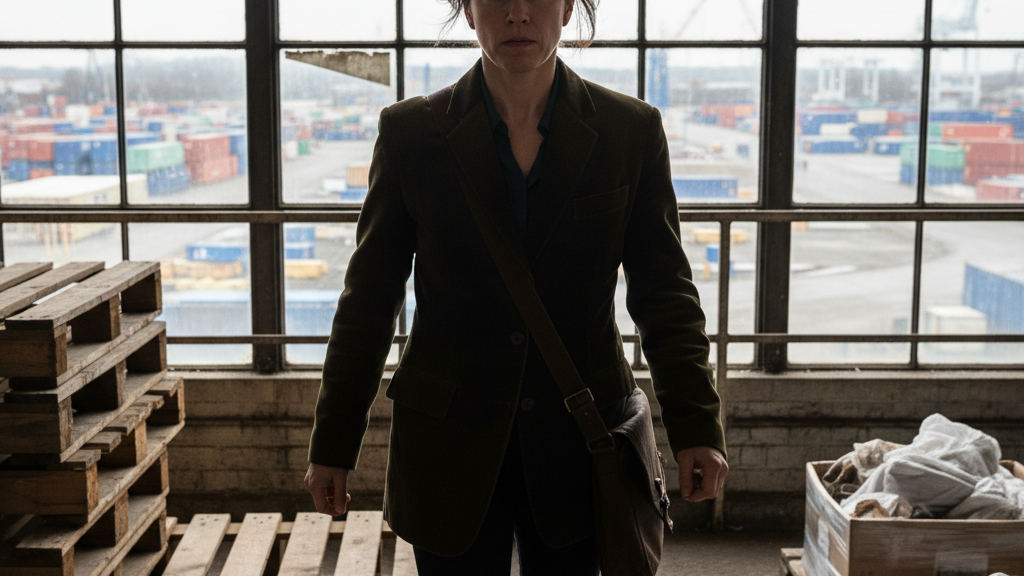 A woman leans skeptically into frame in a dim warehouse while evaluating the logistics automation cost