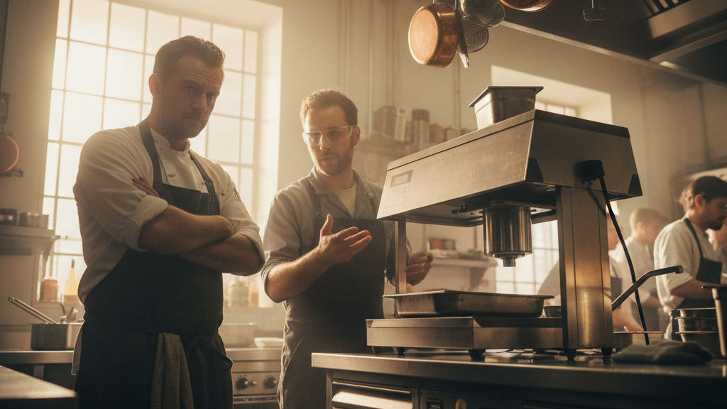 Skeptical chef in a sun-drenched kitchen listens to an analyst discussing AI employee integration