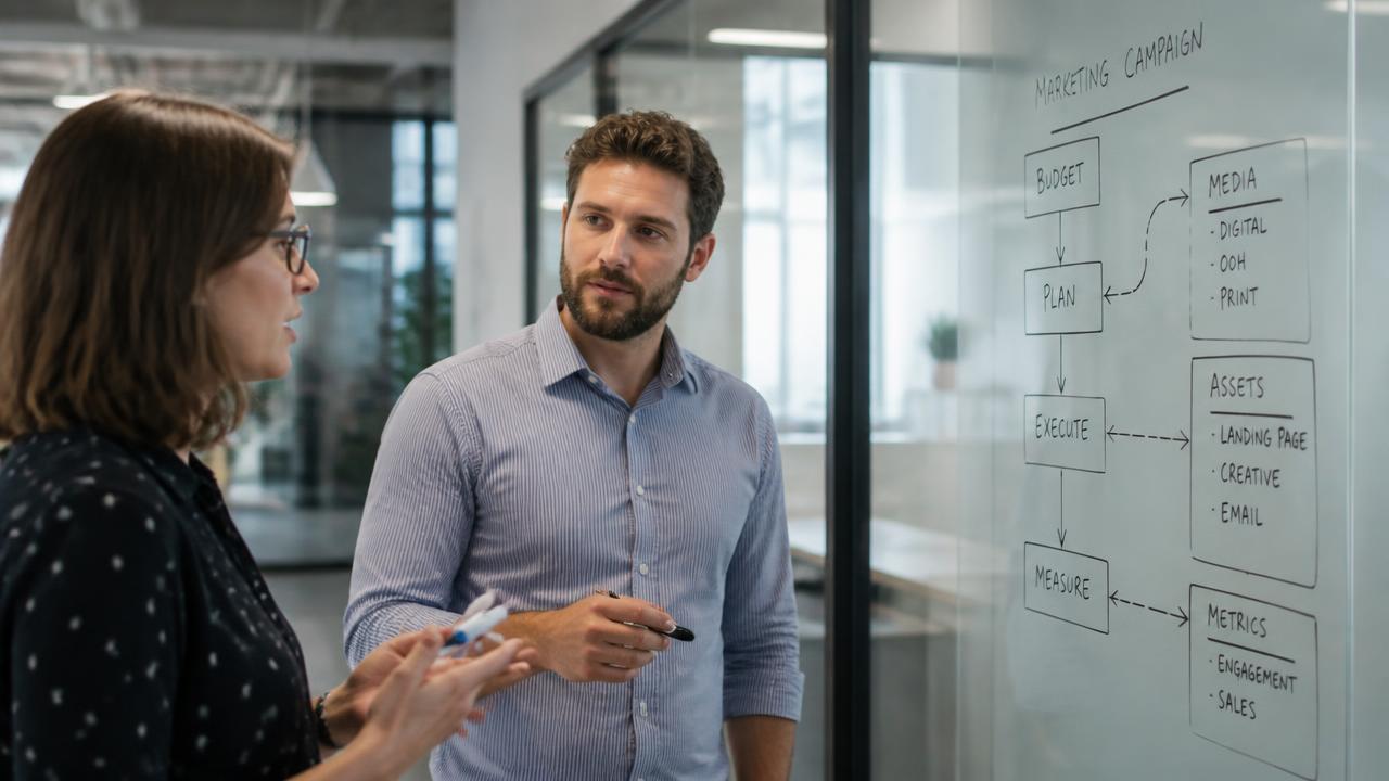 Team discussing an automated workflow diagram on a glass wall