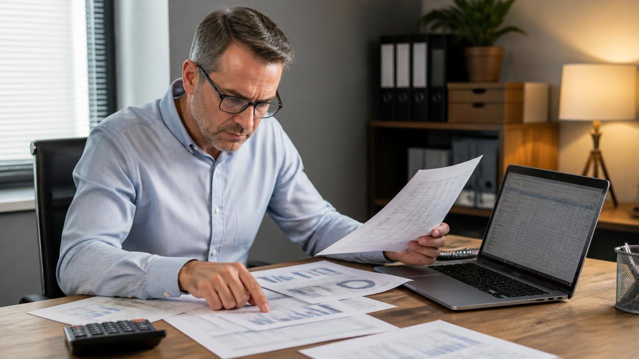 Finance manager comparing cost figures on paper and on screen