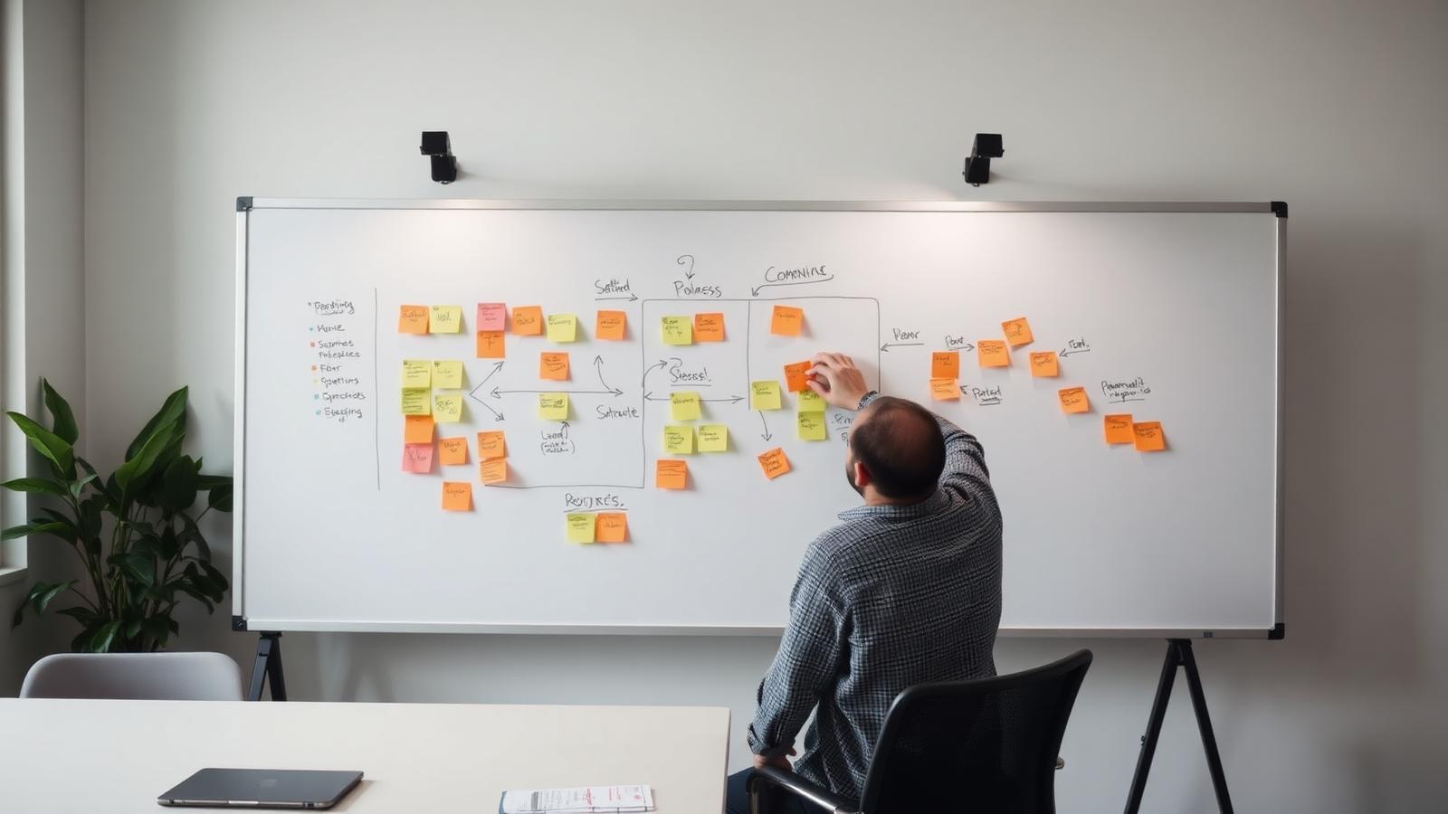 Operations manager mapping a business workflow with sticky notes on a whiteboard