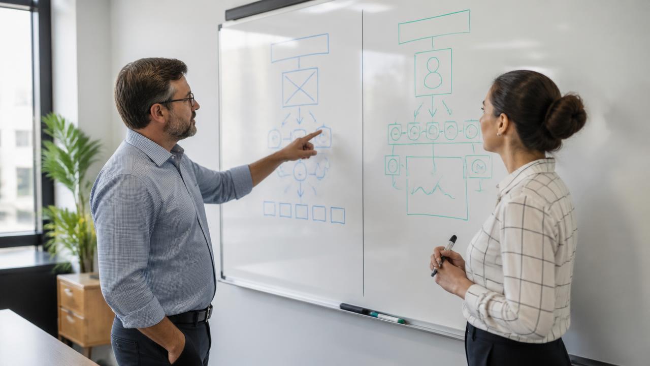 Two managers comparing software options on a whiteboard