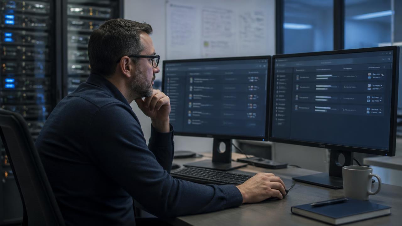 IT manager reviewing access permissions and audit logs on a monitor