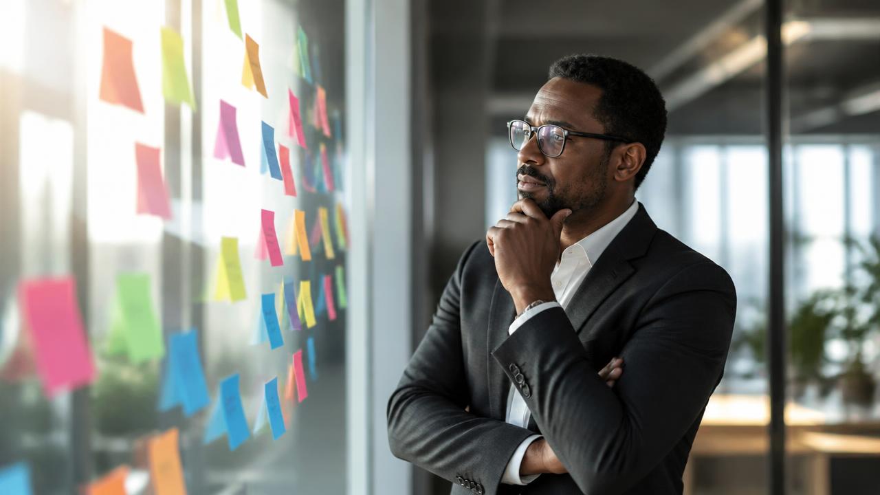 Managing director planning next quarter with sticky notes on a wall