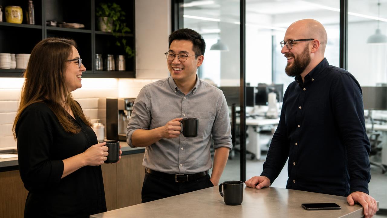 Colleagues talking over coffee in a relaxed office kitchen