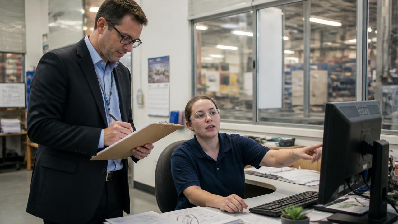 Consultant and staff member walking through a workflow at a workstation